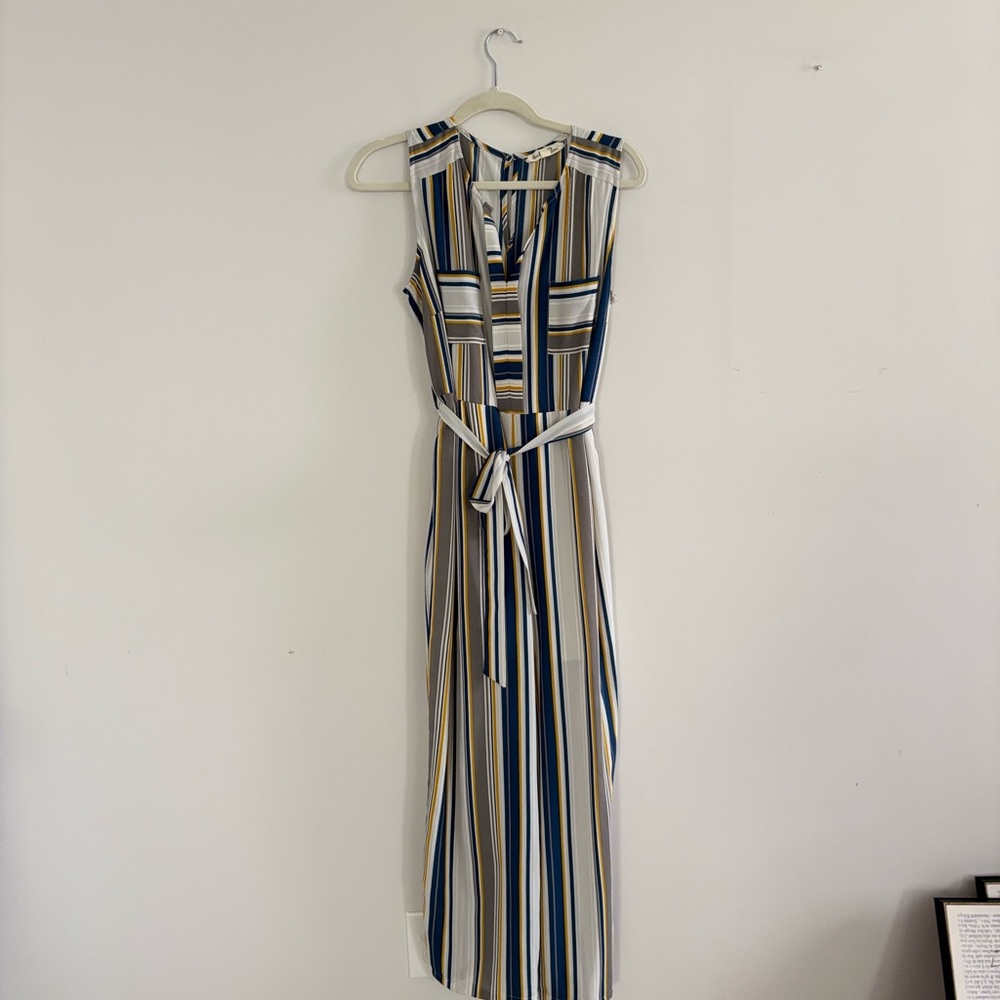 Striped Sleeveless Belted Maxi Dress - Navy, White & Mustard